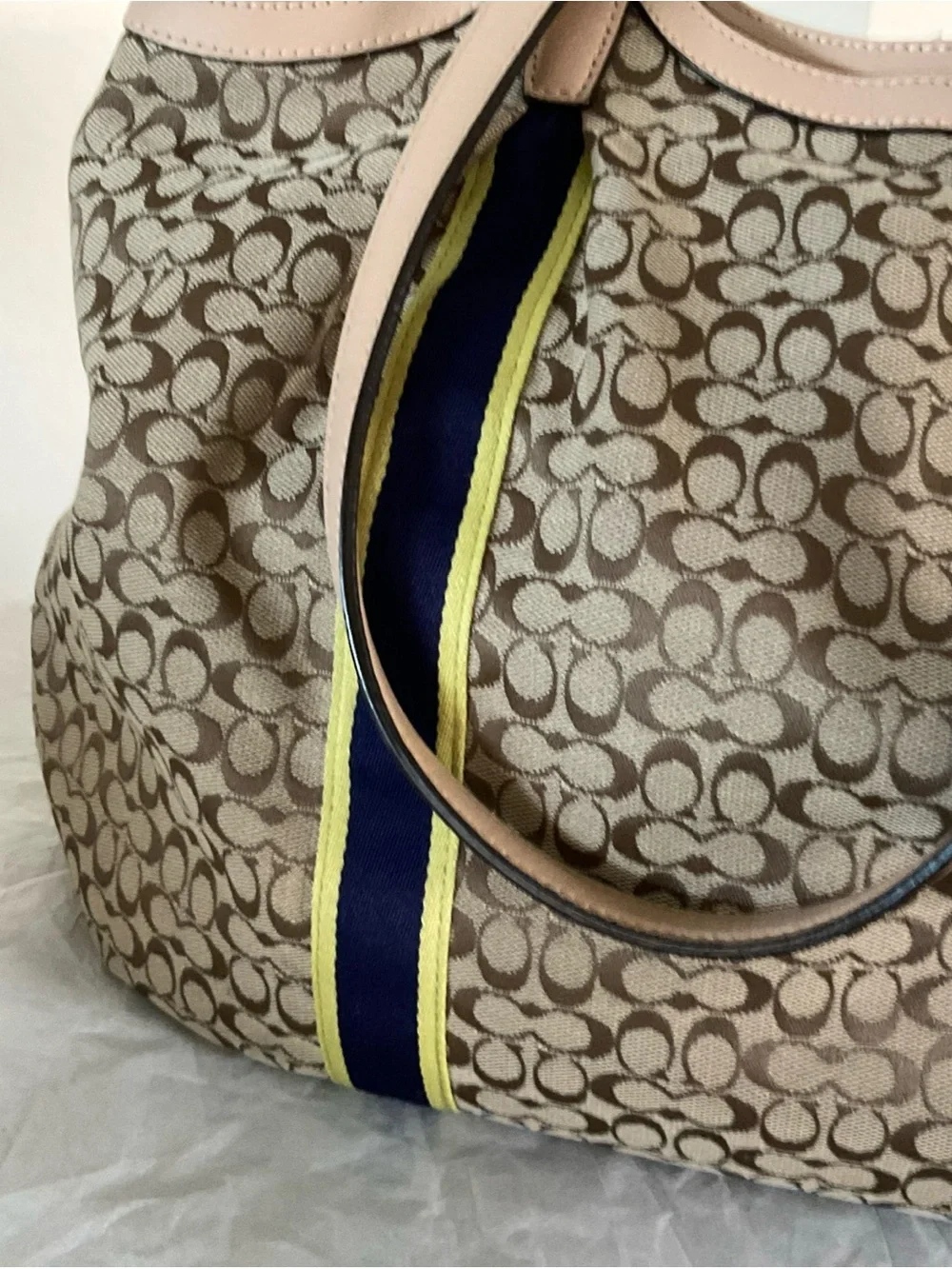 Coach Signature C Jacquard Canvas Tote Bag Tan Leather Trim Shoulder Bag - Picture 8 of 11